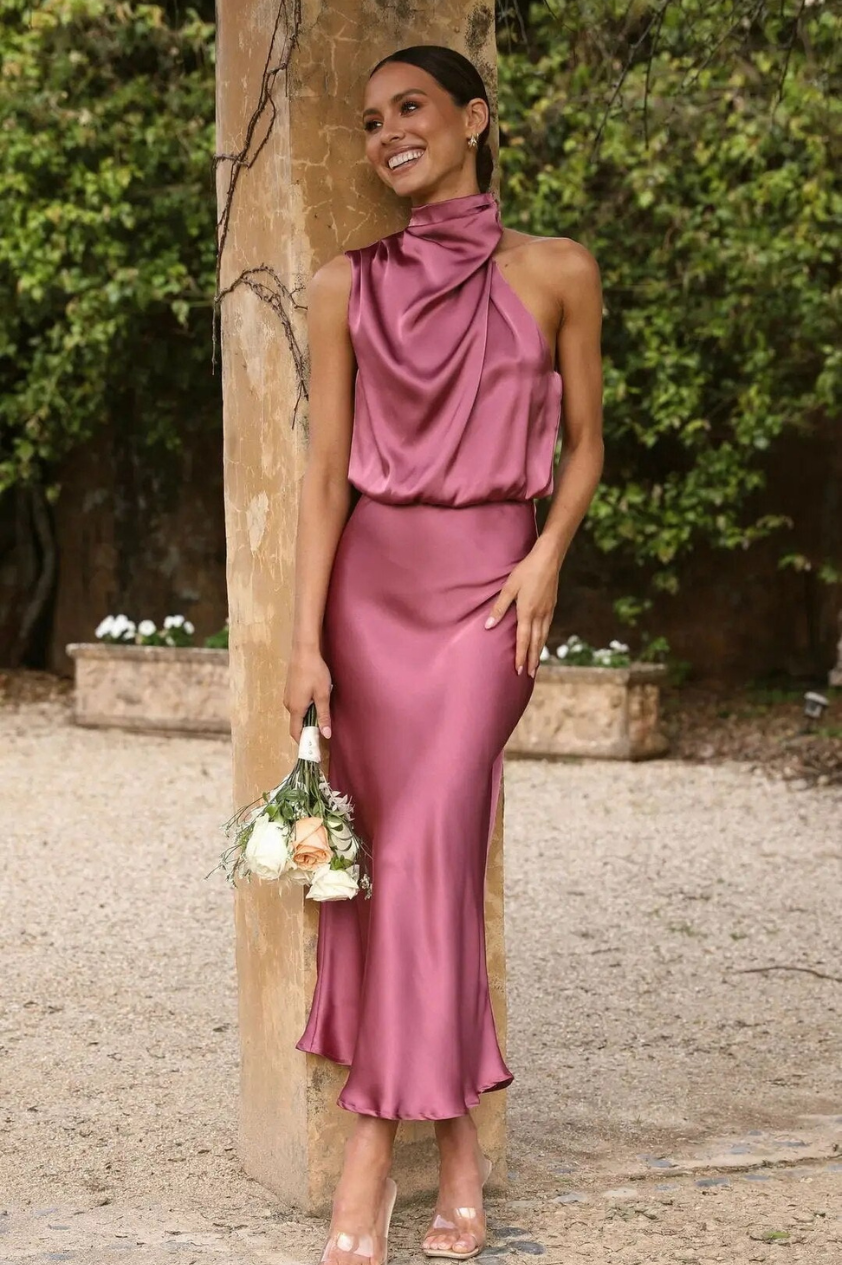 Lisanne | Women's Maxi Dress with Elastic Waist and Satin Drape at Neck