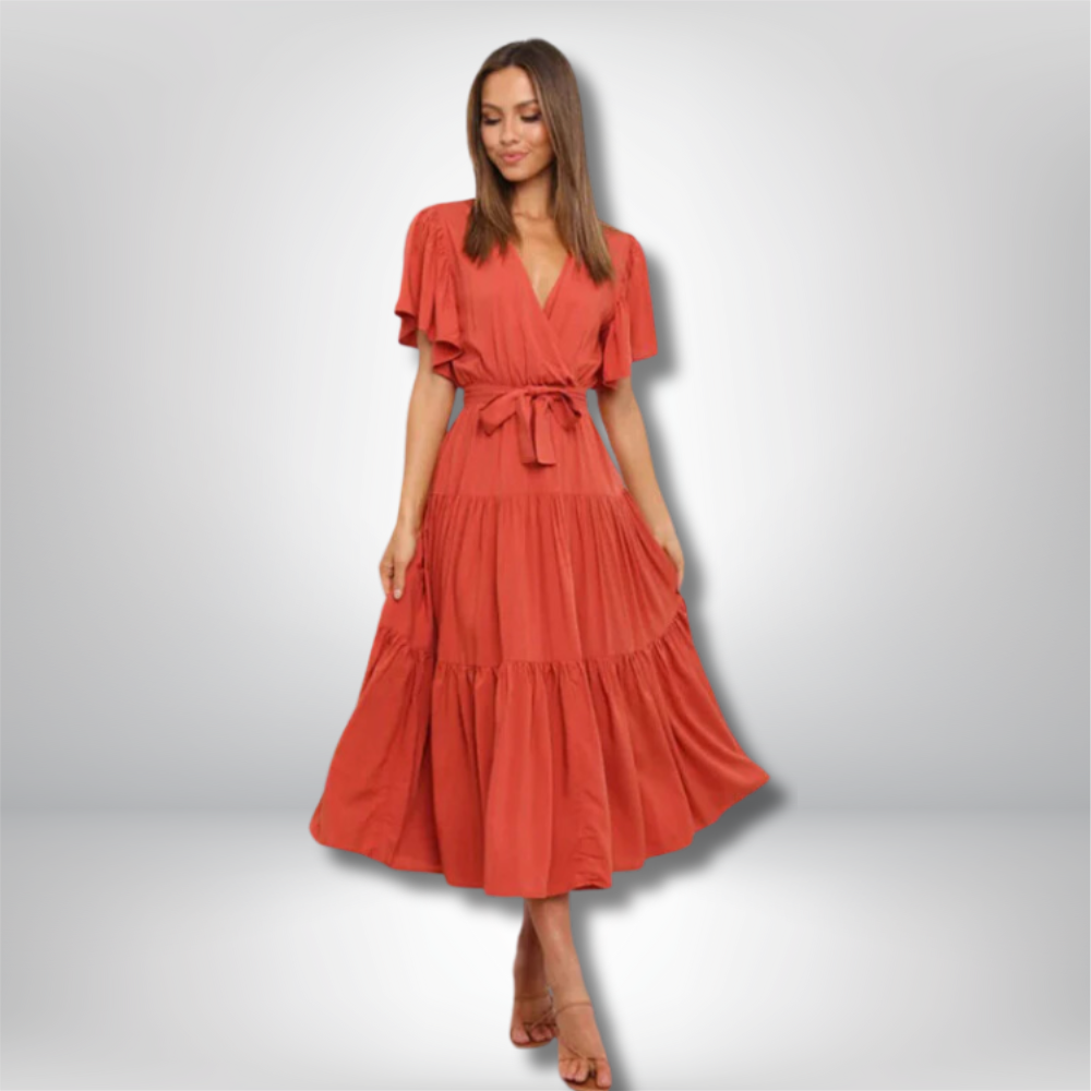 Henna - Bohemian Midi Dress with V-Neck and Tiered Skirt