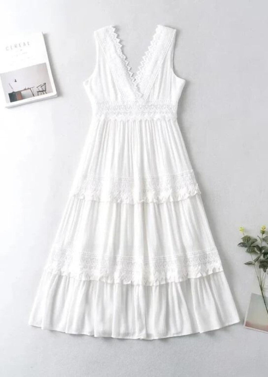 Romy | Elegant Women's Maxi Dress with Lace V-Neck | White Dress