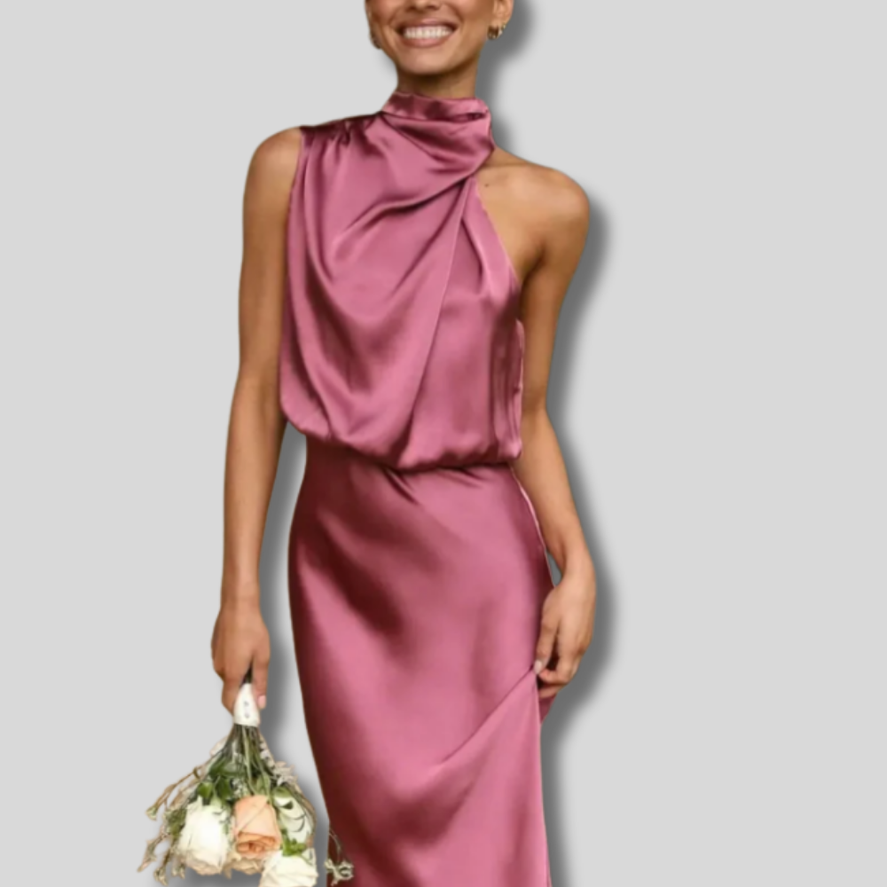 Lisanne | Women's Maxi Dress with Elastic Waist and Satin Drape at Neck