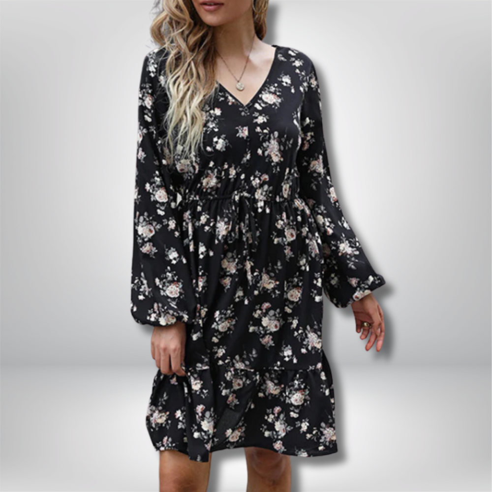 Felicia - Floral Print V-Neck Mini Dress with Long Sleeves and Cinched Waist