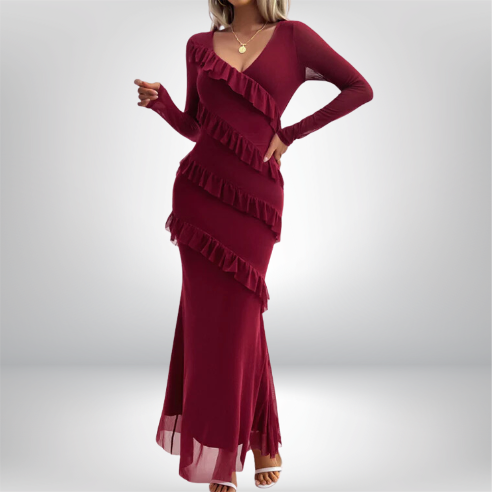 Aira - V-Neck Maxi Dress with Ruffle Detail Long Sleeve