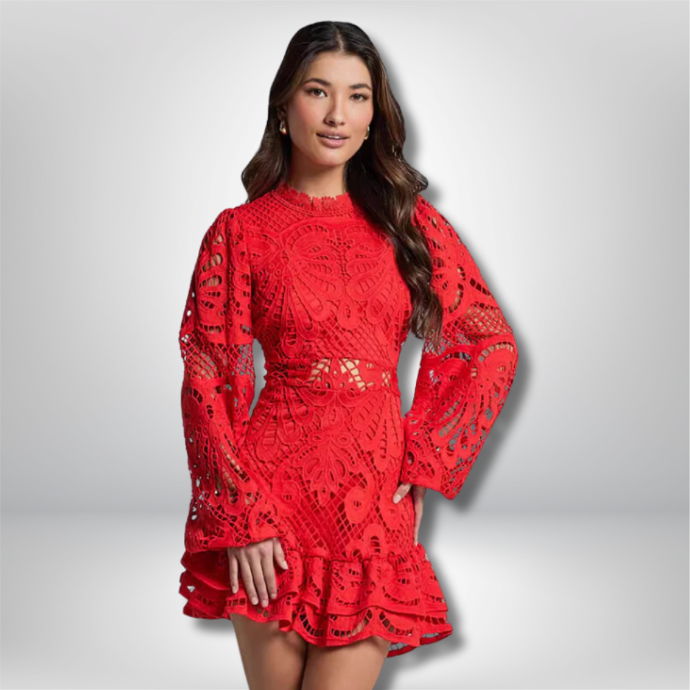 Elvi - Floral Lace A-line Dress with Ruffle Hem and Long Sleeves