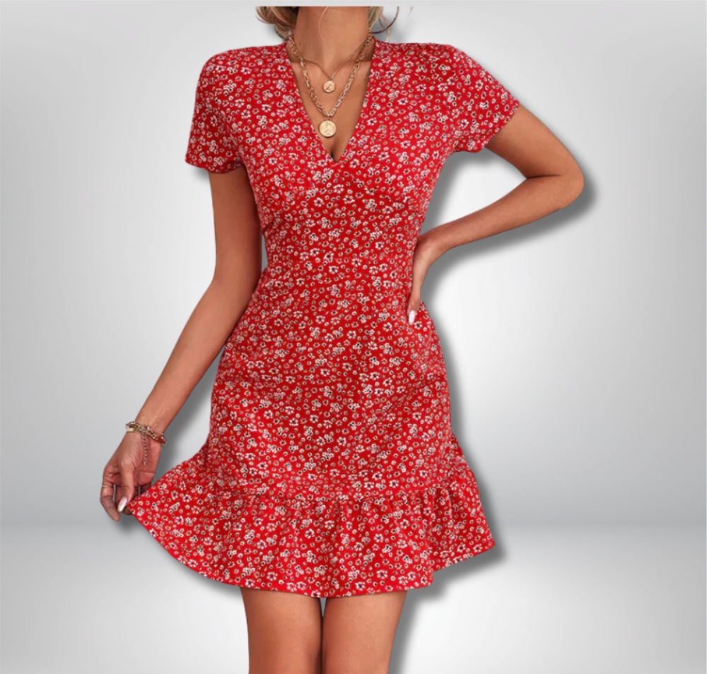 Hilda - Floral Print V-Neck Mini Dress with Ruffle Hem