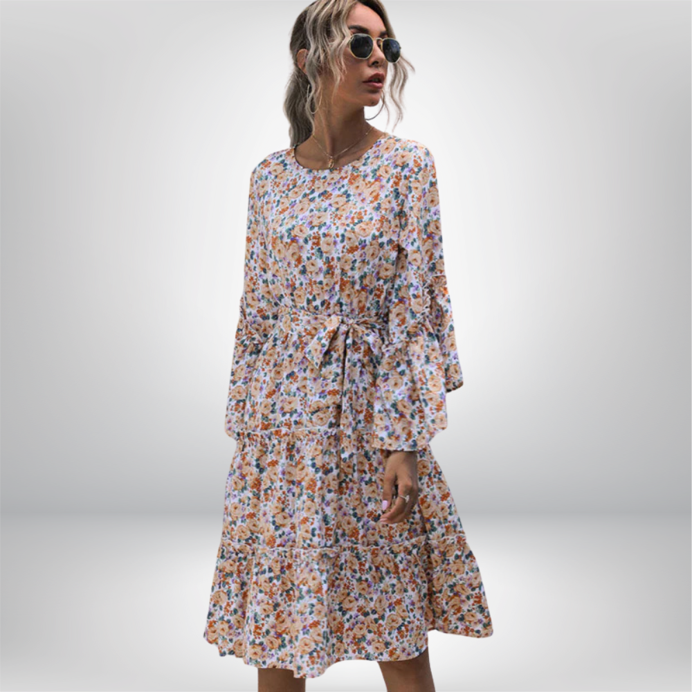 Aada - Floral Print Long-Sleeved Dress with Tiered Skirt and Belted Waist