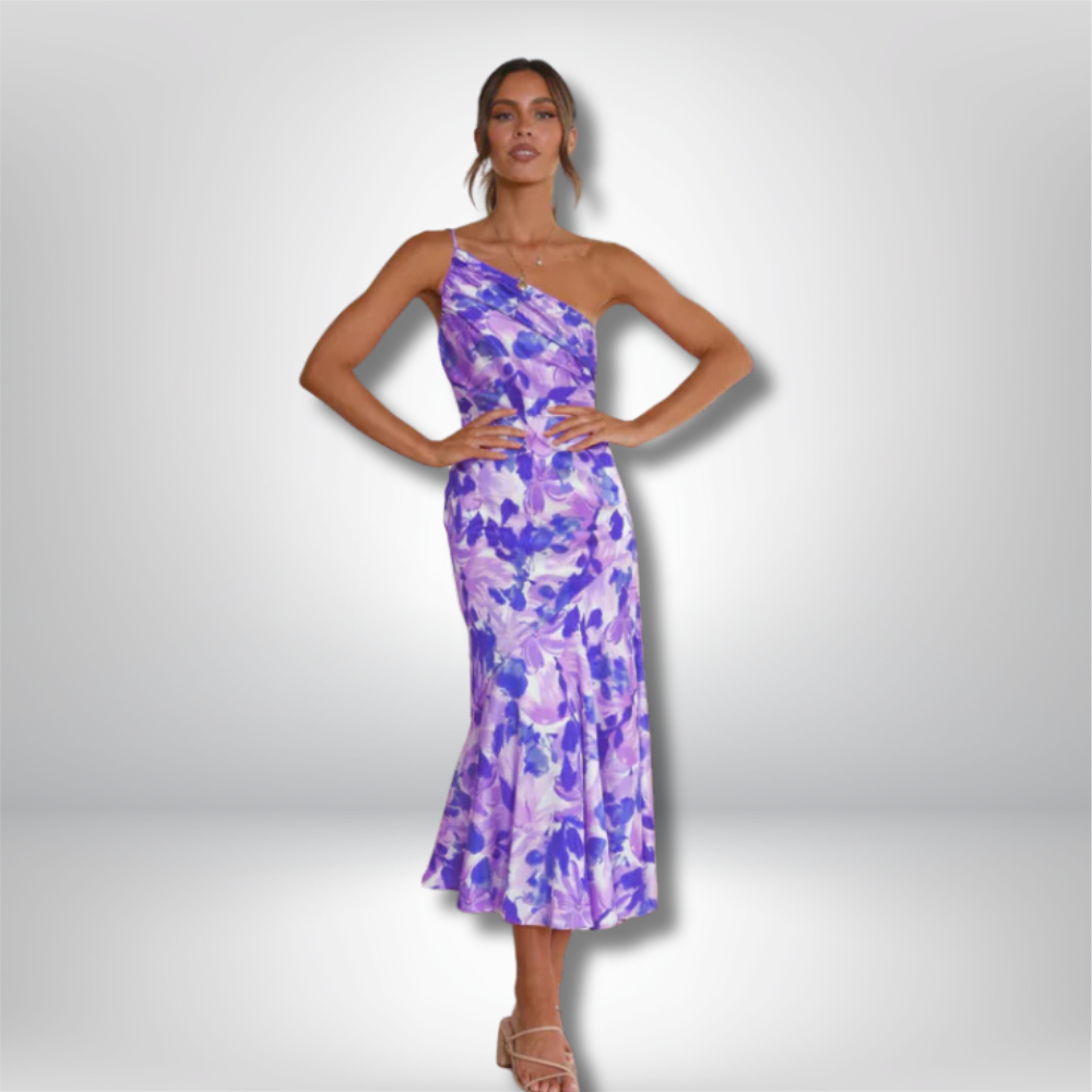 Enni - Asymmetrical Neckline Floral Print Midi Dress with Fishtail Hem