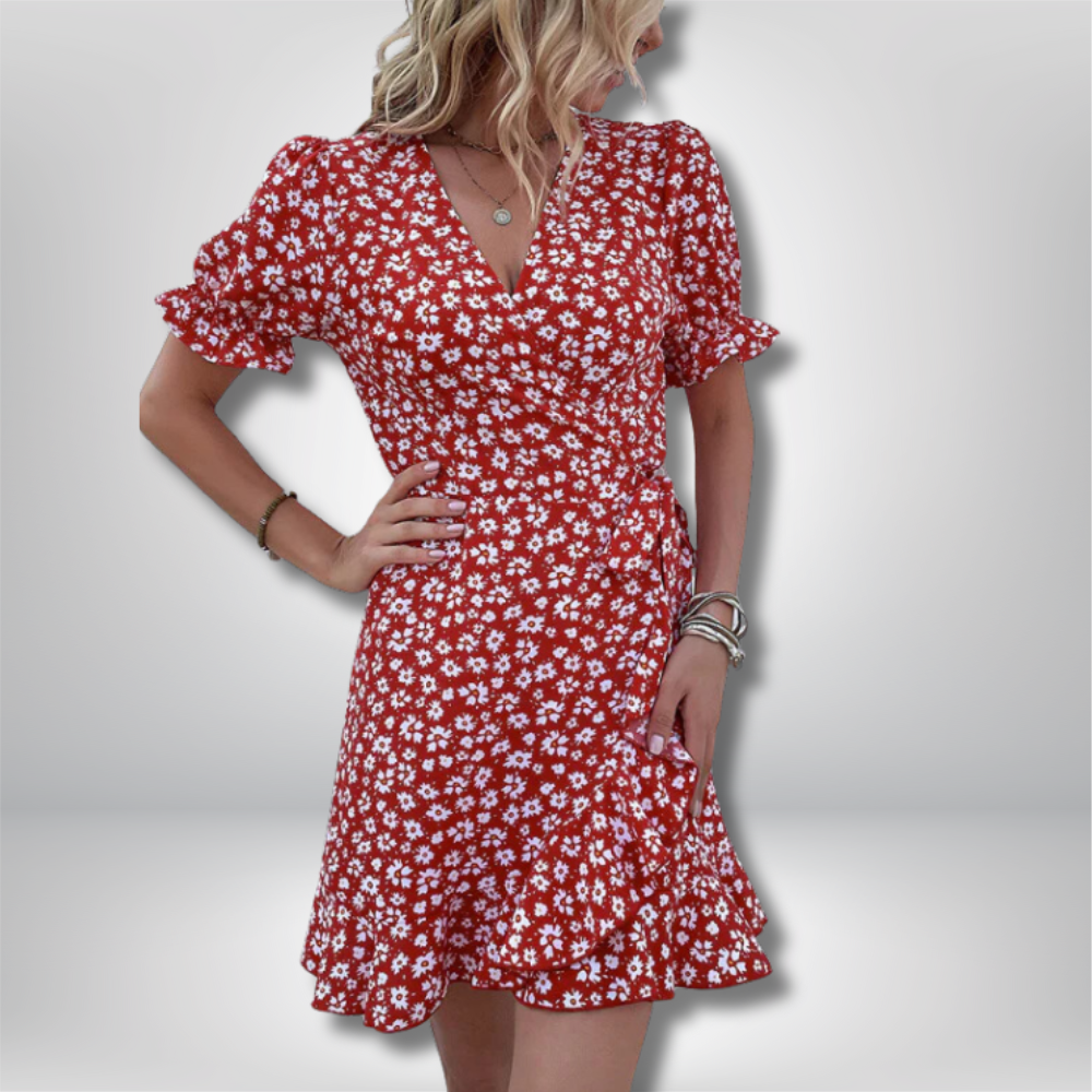 Pia - Floral Wrap Mini Dress with Ruffle Sleeves and Tie Waist