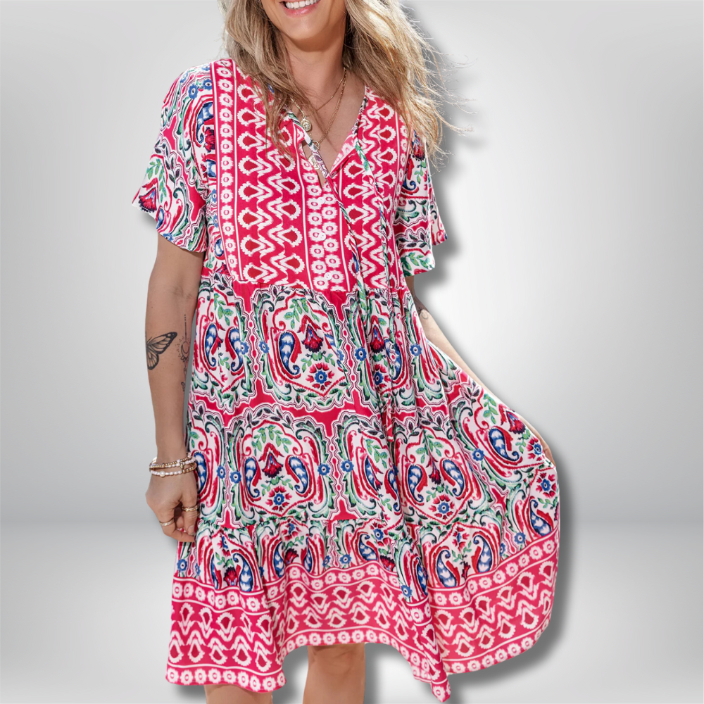 Rebecka -  Bohemian Print Tie Neck Ruffle Hem Dress