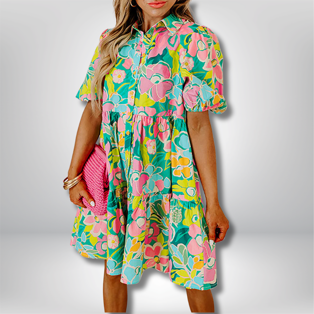 Nina - Floral Print Babydoll Dress with Puff Sleeves and Buttoned Front