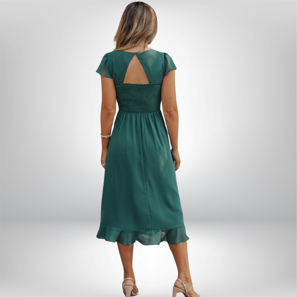 Helene - Shirred Sweetheart Neck Ruffled Midi Dress