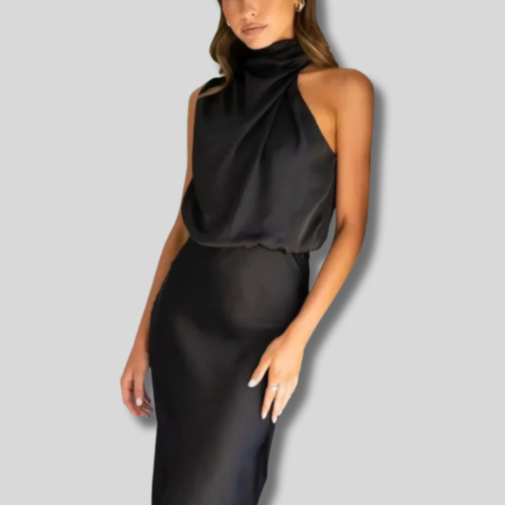 Lisanne | Women's Maxi Dress with Elastic Waist and Satin Drape at Neck