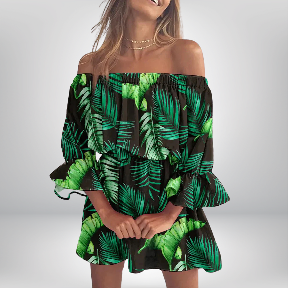 Elisa - Off-the-shoulder dress with boho leaf print