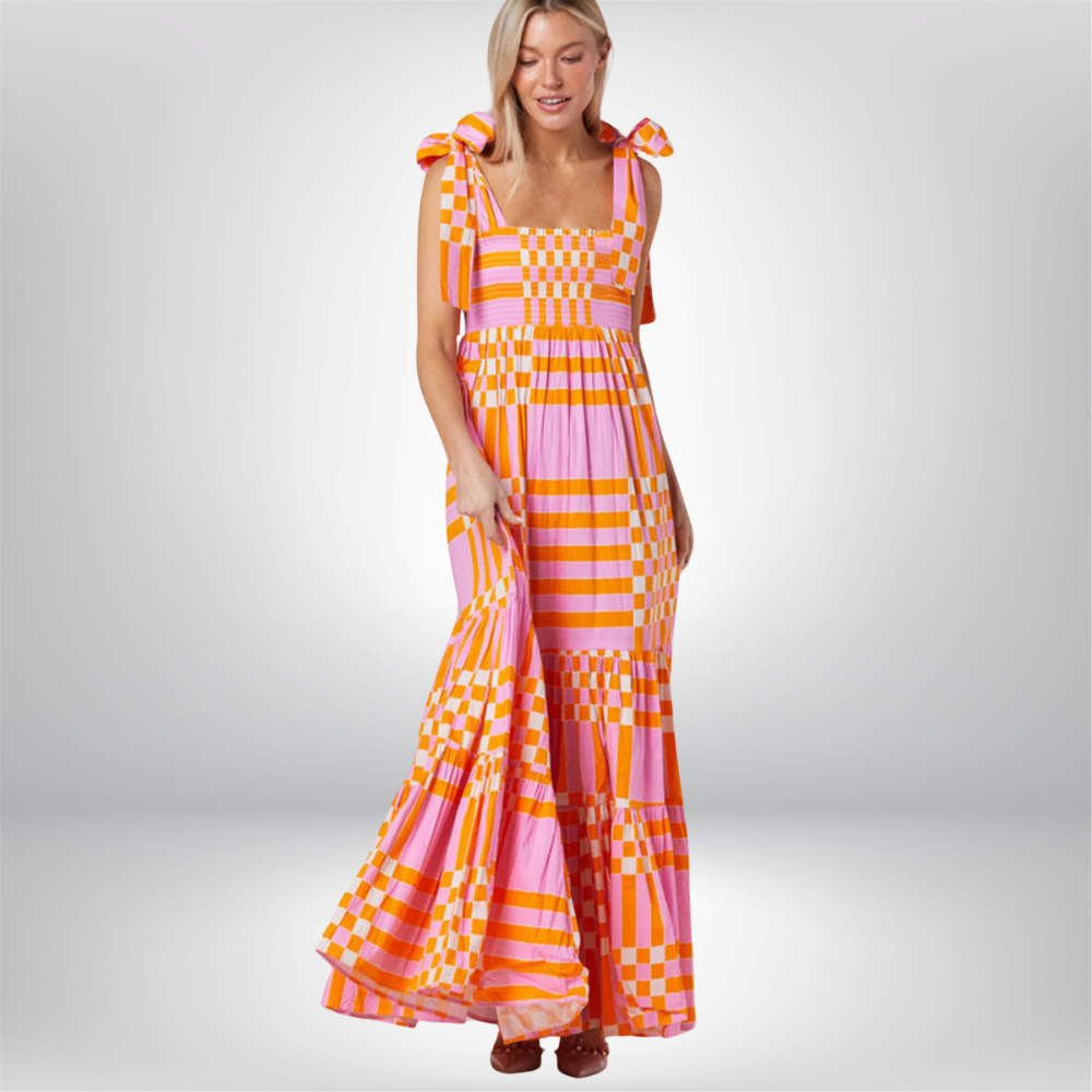 Johanna - Boho Gingham Smocked Maxi Dress with Tied Straps