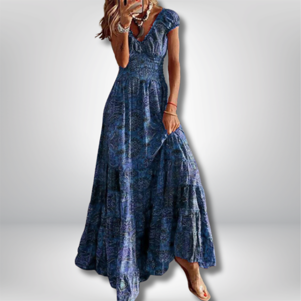 Hilla - Bohemian Maxi Dress with Paisley Print and Smocked Waist