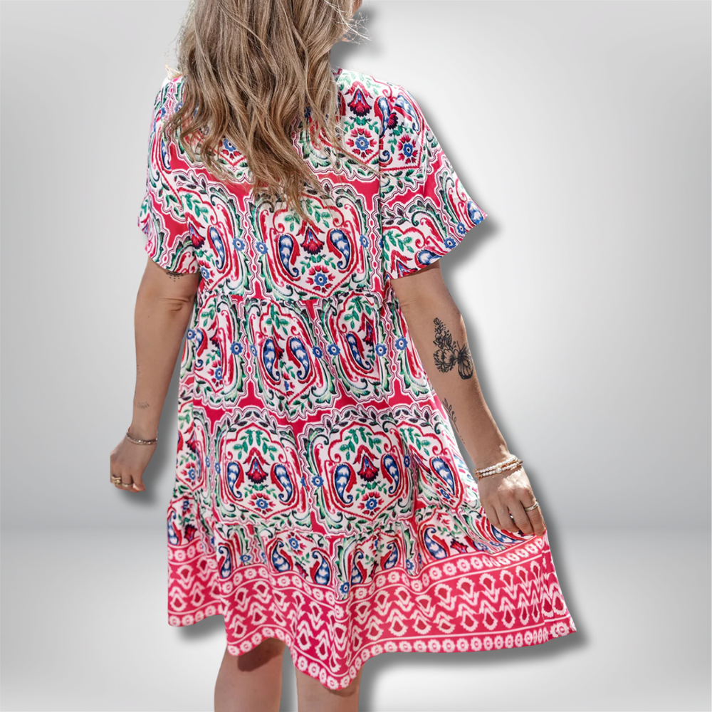 Rebecka -  Bohemian Print Tie Neck Ruffle Hem Dress