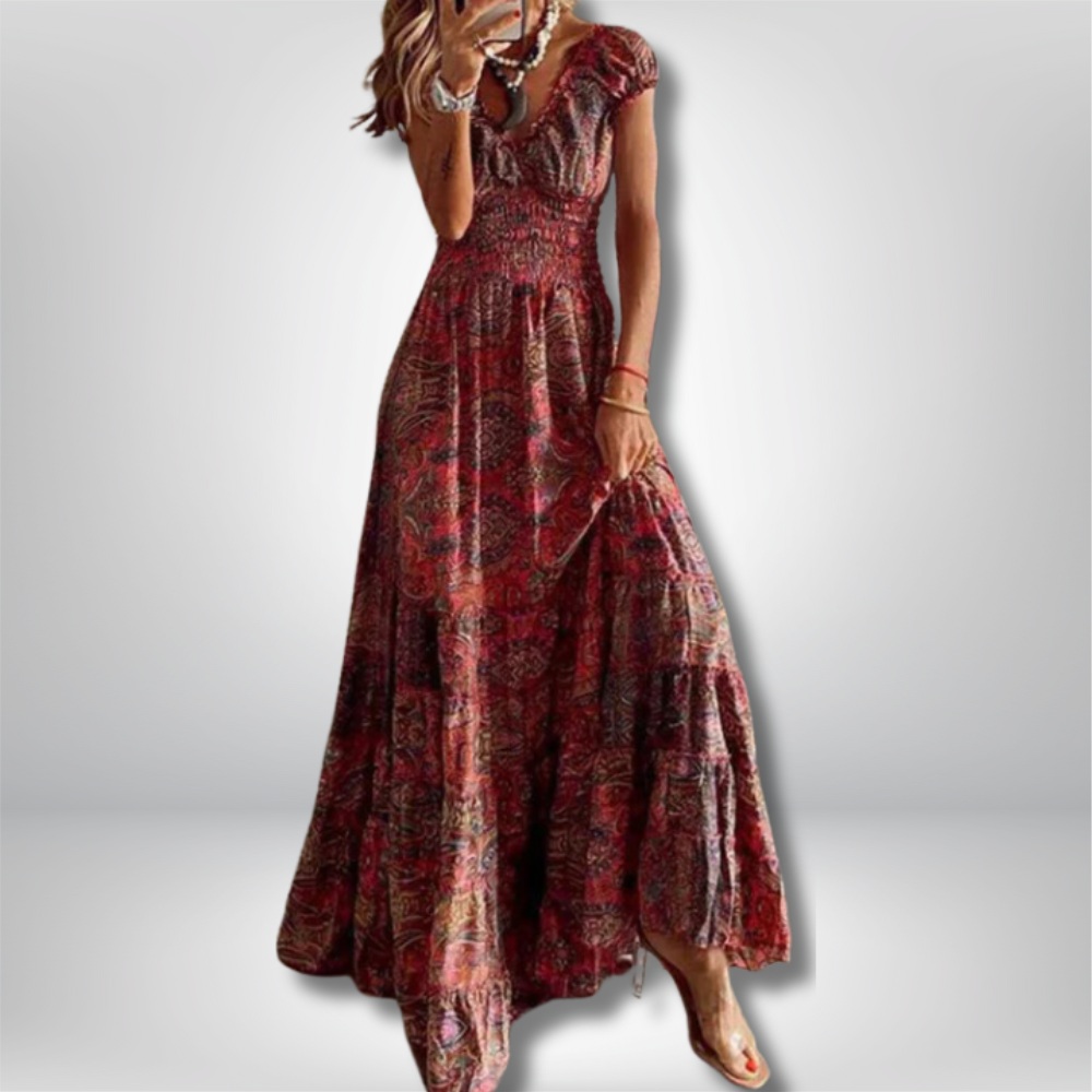 Hilla - Bohemian Maxi Dress with Paisley Print and Smocked Waist