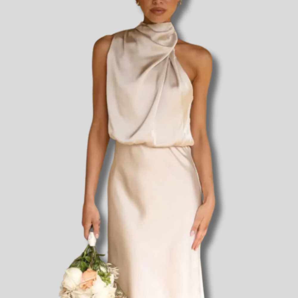 Lisanne | Women's Maxi Dress with Elastic Waist and Satin Drape at Neck