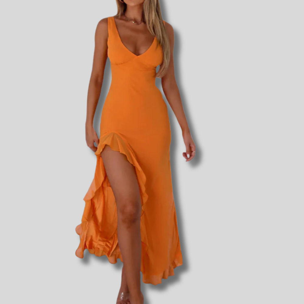 Melia | Women's Long Chiffon Dress with V-neck | Trendy & Elegant