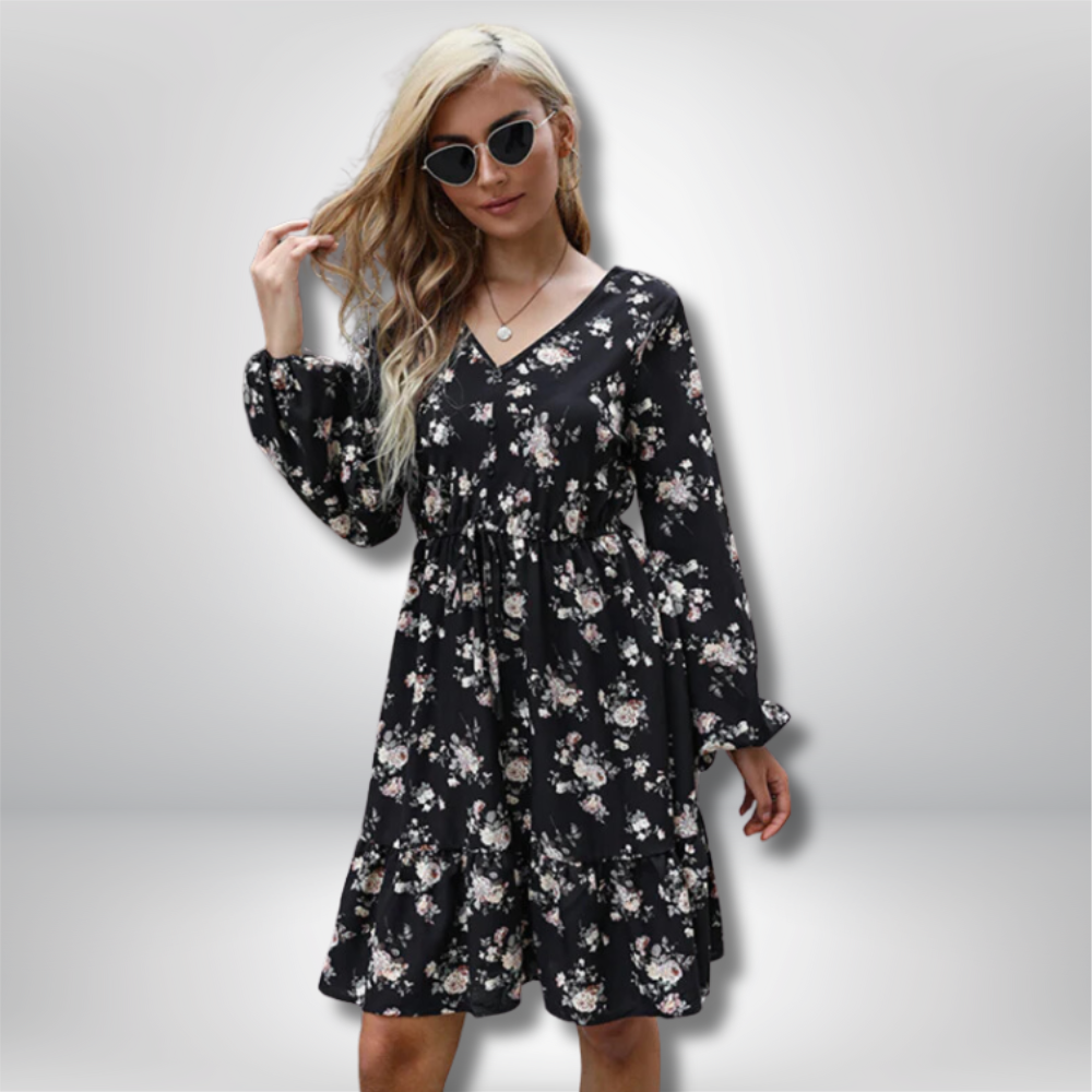 Felicia - Floral Print V-Neck Mini Dress with Long Sleeves and Cinched Waist