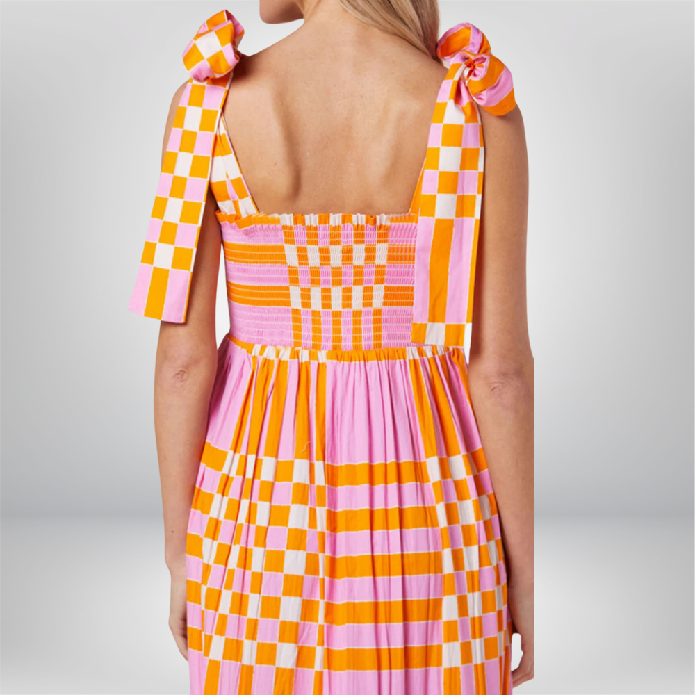 Johanna - Boho Gingham Smocked Maxi Dress with Tied Straps