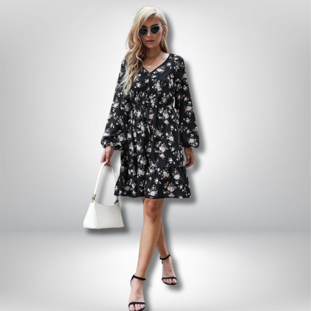 Felicia - Floral Print V-Neck Mini Dress with Long Sleeves and Cinched Waist