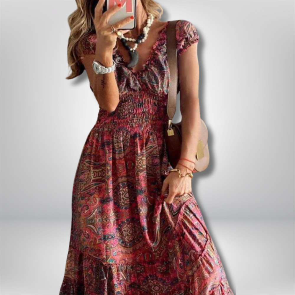 Hilla - Bohemian Maxi Dress with Paisley Print and Smocked Waist