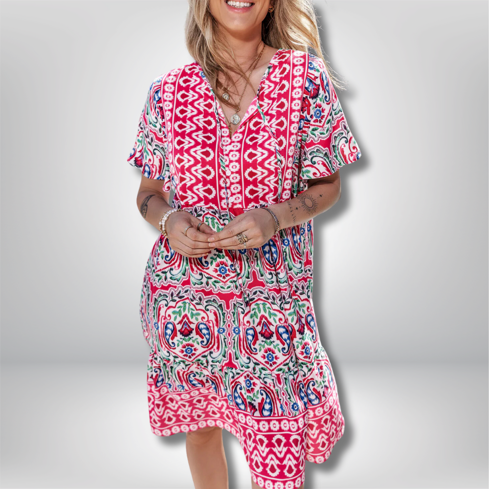 Rebecka -  Bohemian Print Tie Neck Ruffle Hem Dress