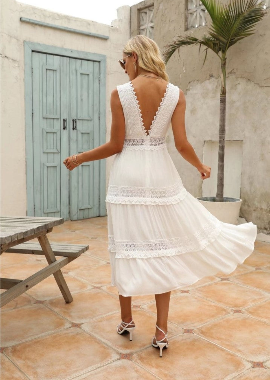 Romy | Elegant Women's Maxi Dress with Lace V-Neck | White Dress