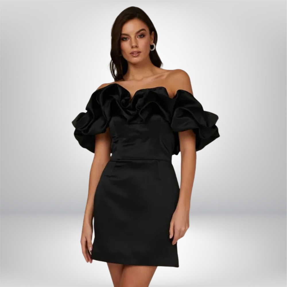 Jessica - Ruffled Neckline Off-Shoulder Mini Dress with Fitted Silhouette