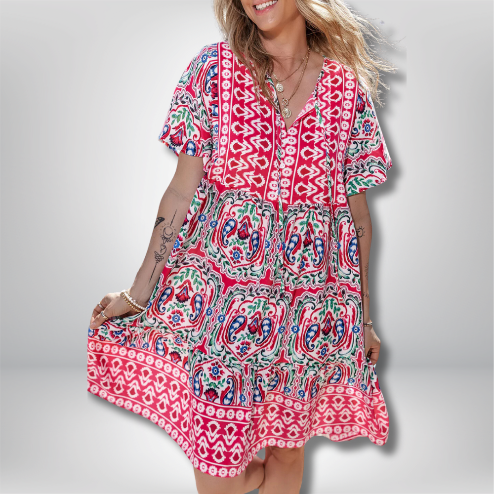 Rebecka -  Bohemian Print Tie Neck Ruffle Hem Dress