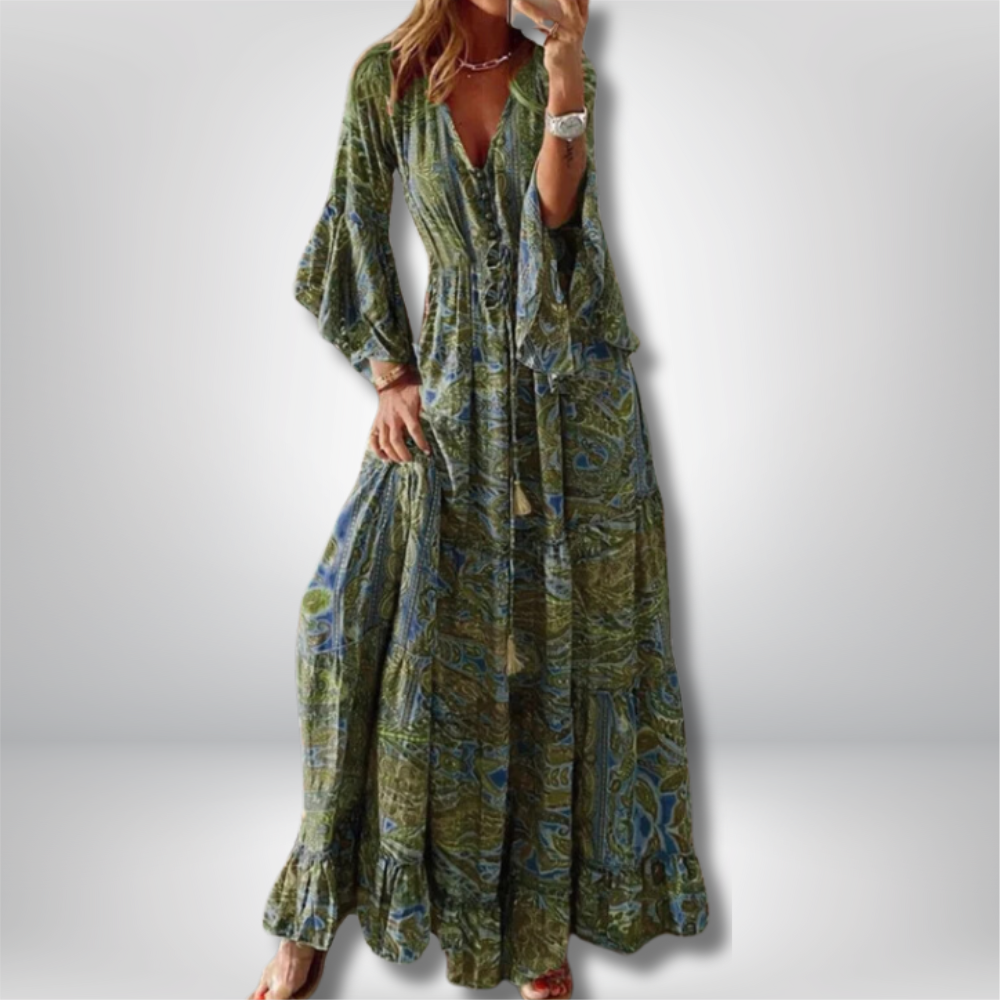 Erja - Bohemian Maxi Dress with Paisley Print and Trumpet Sleeves