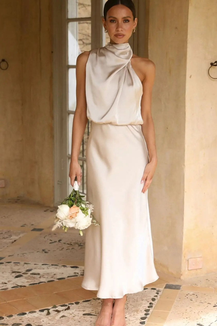 Lisanne | Women's Maxi Dress with Elastic Waist and Satin Drape at Neck