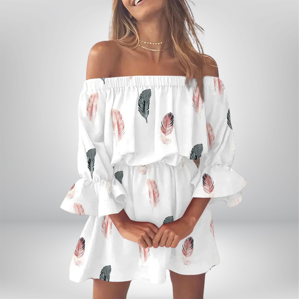 Elisa - Off-the-shoulder dress with boho leaf print