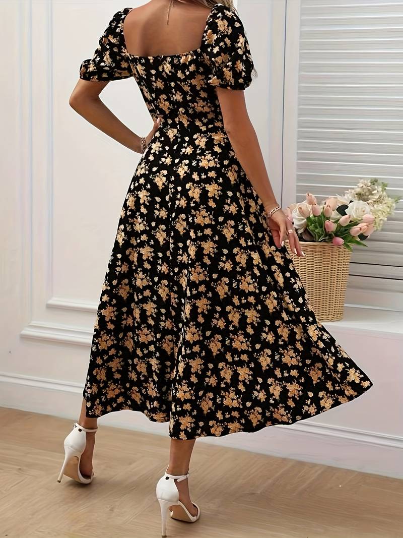 Neema - Floral puff sleeves with slit dress