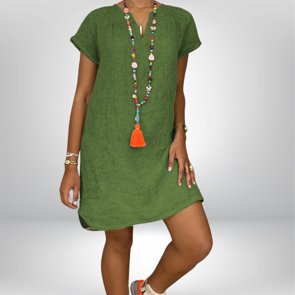 Jeniffer - V-Neck Linen Dress with Rolled Sleeves and Curved Hem