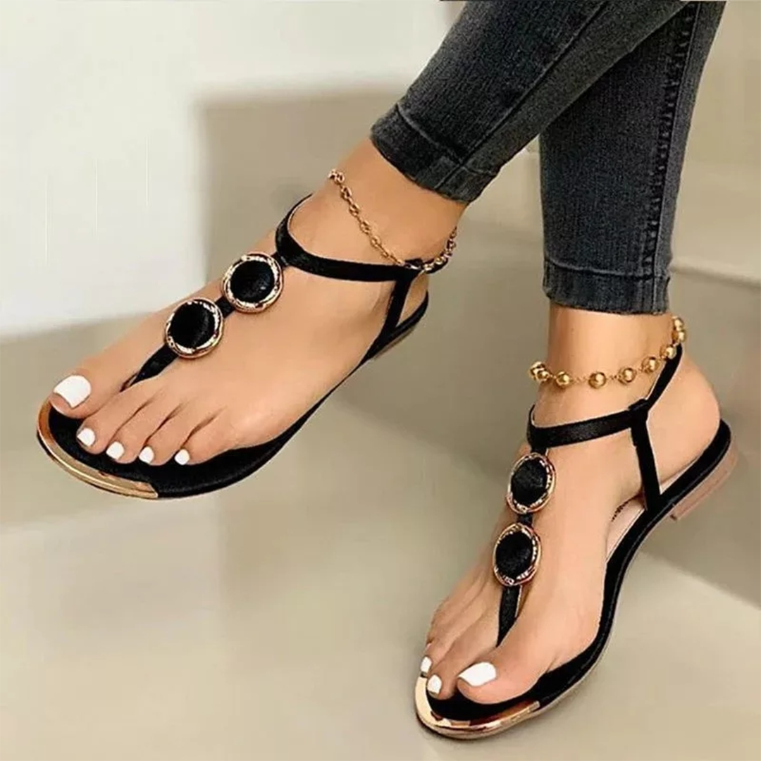 Women's Comfortable Sandals – Premium Leather,  Black, Gold, and White, Flat Sole, Soft Straps – Ideal for Beach Walks and City Strolls