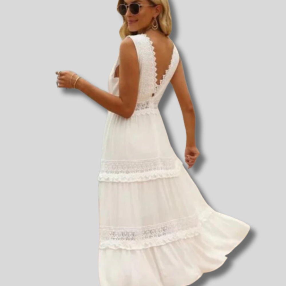 Romy | Elegant Women's Maxi Dress with Lace V-Neck | White Dress