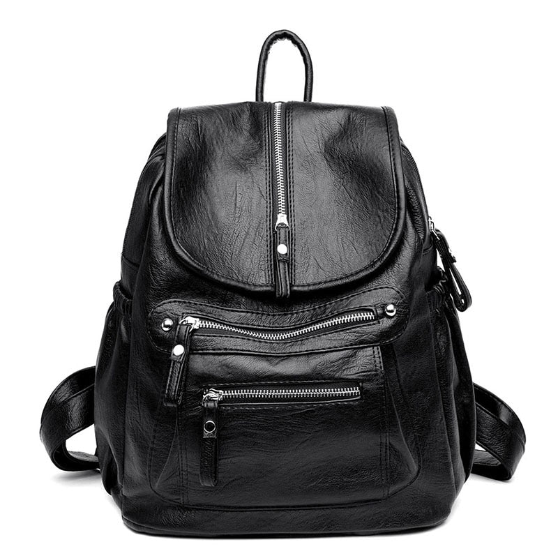 Retro Style Leather Backpack with Multiple Pockets