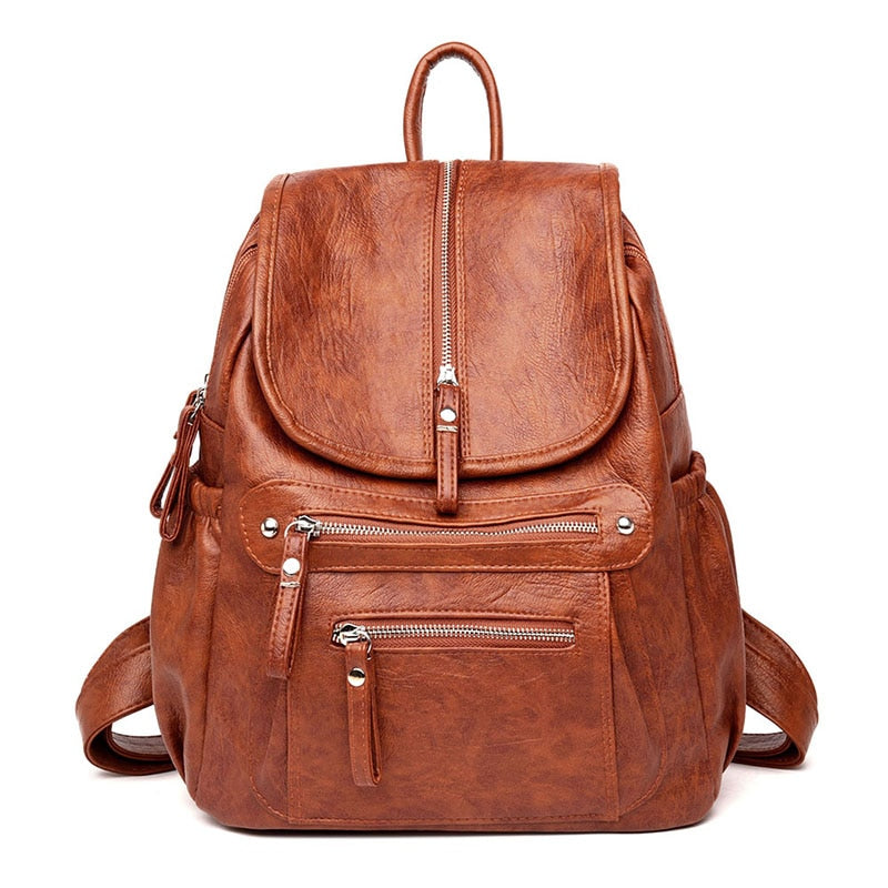 Retro Style Leather Backpack with Multiple Pockets