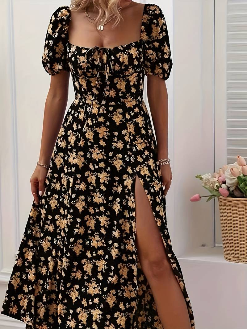 Neema - Floral puff sleeves with slit dress