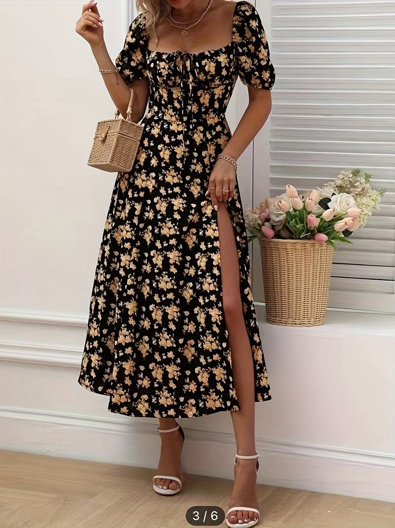 Neema - Floral puff sleeves with slit dress