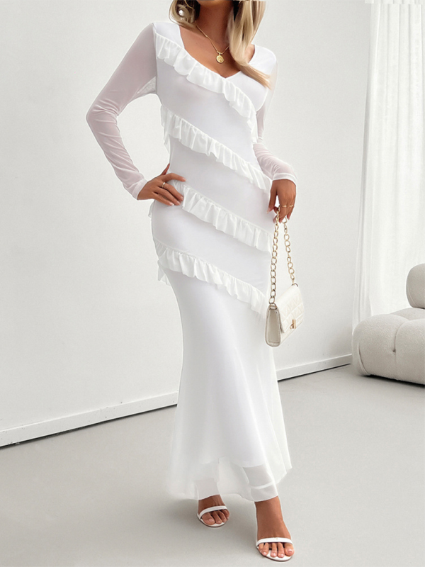 Aira - V-Neck Maxi Dress with Ruffle Detail Long Sleeve