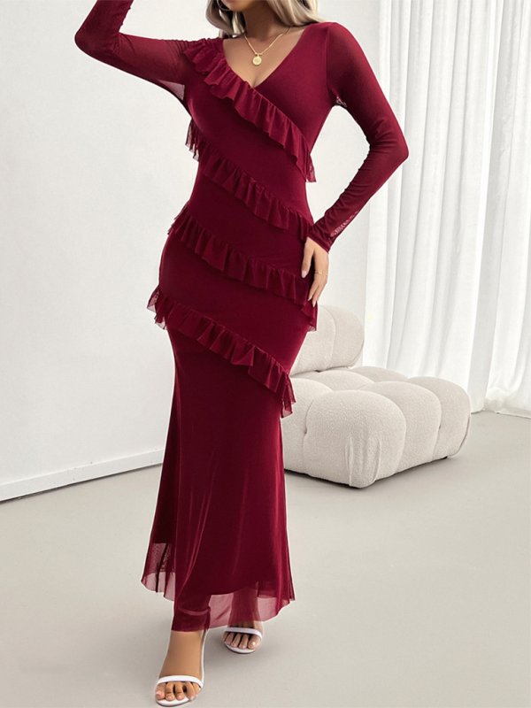 Aira - V-Neck Maxi Dress with Ruffle Detail Long Sleeve