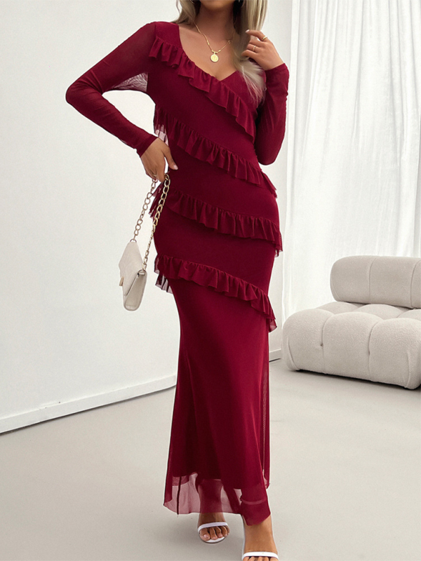 Aira - V-Neck Maxi Dress with Ruffle Detail Long Sleeve