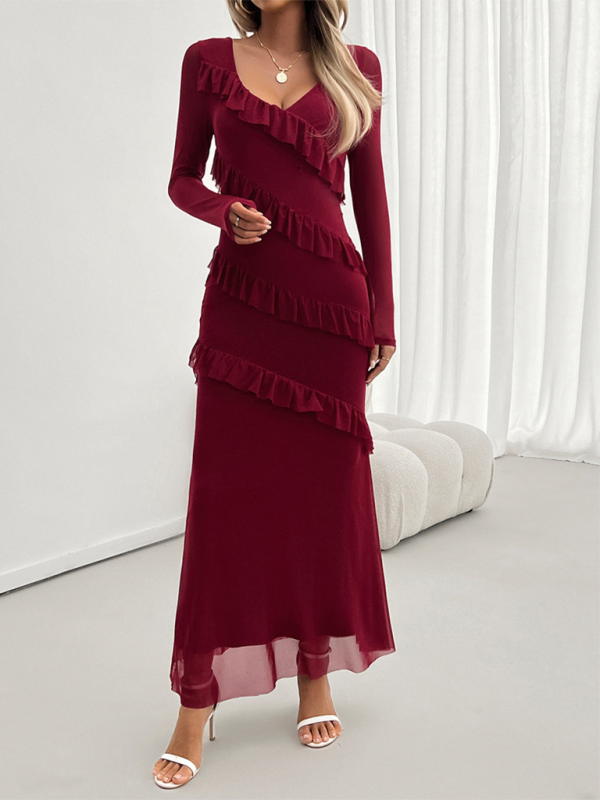 Aira - V-Neck Maxi Dress with Ruffle Detail Long Sleeve