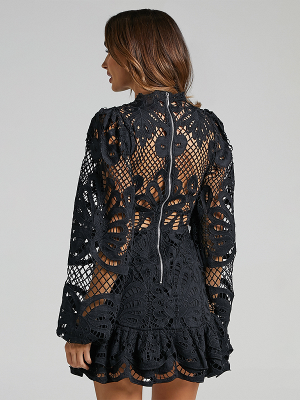 Elvi - Floral Lace A-line Dress with Ruffle Hem and Long Sleeves