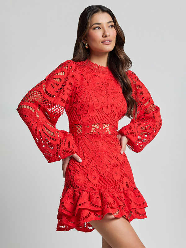 Elvi - Floral Lace A-line Dress with Ruffle Hem and Long Sleeves