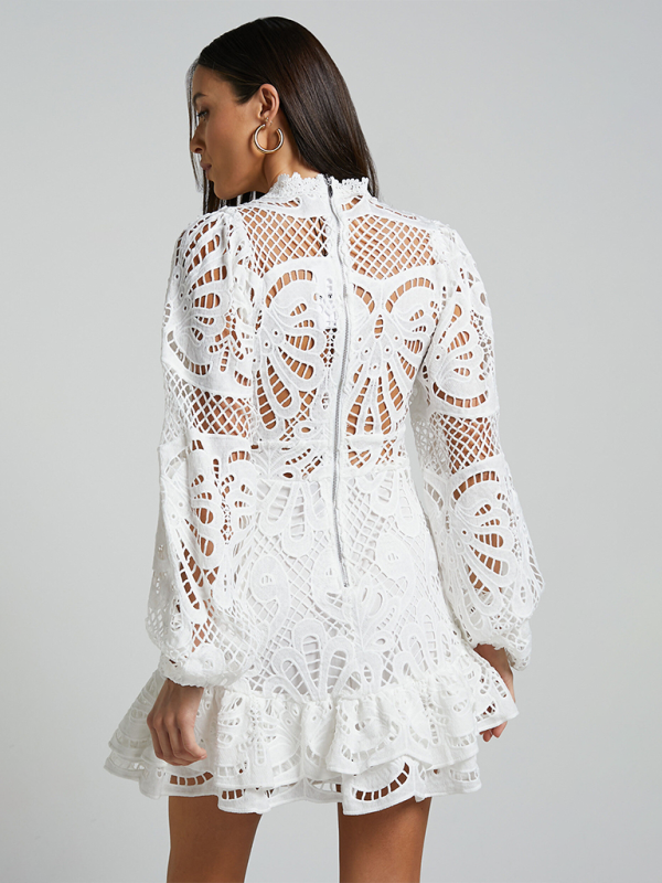 Elvi - Floral Lace A-line Dress with Ruffle Hem and Long Sleeves